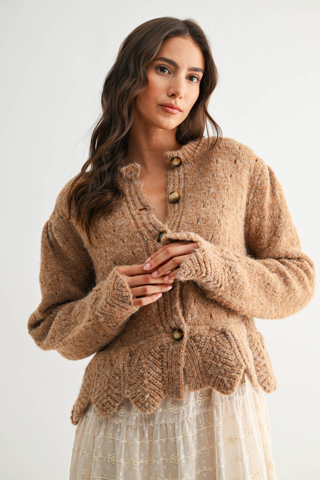 Tanya Textured Cardigan With Scalloped Hem
