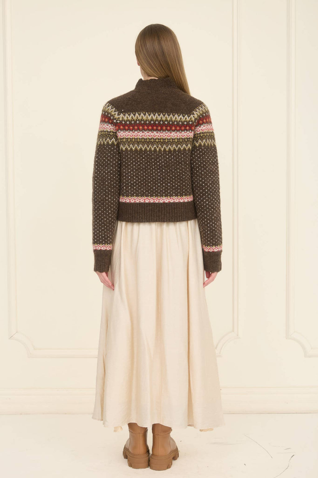 MOON RIVER Fair Isle Mock Neck Button Down Cardigan