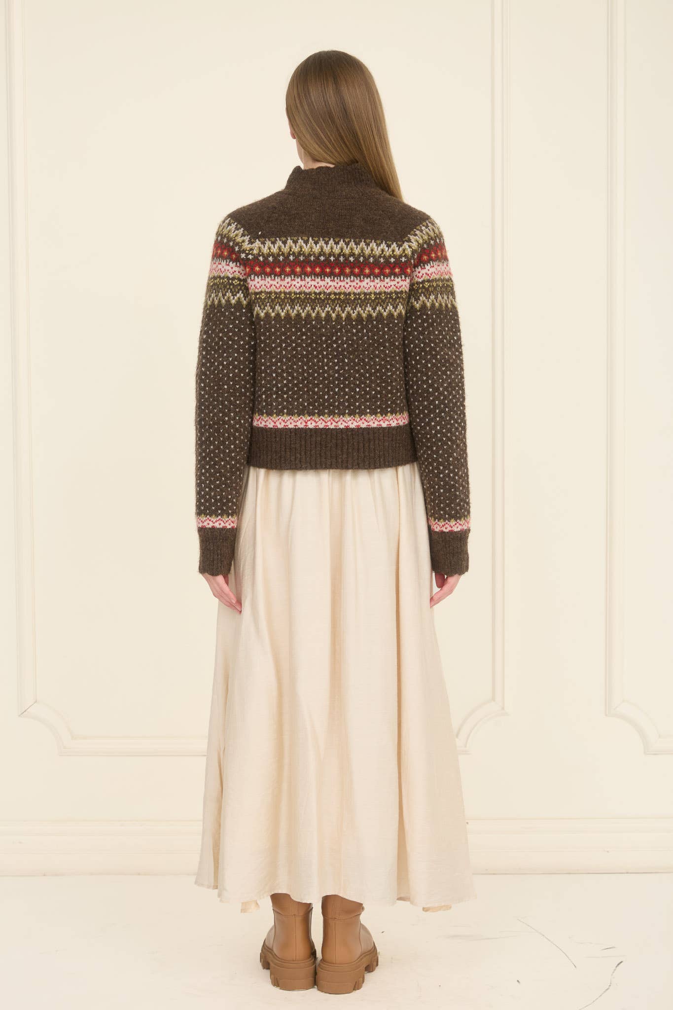 MOON RIVER Fair Isle Mock Neck Button Down Cardigan