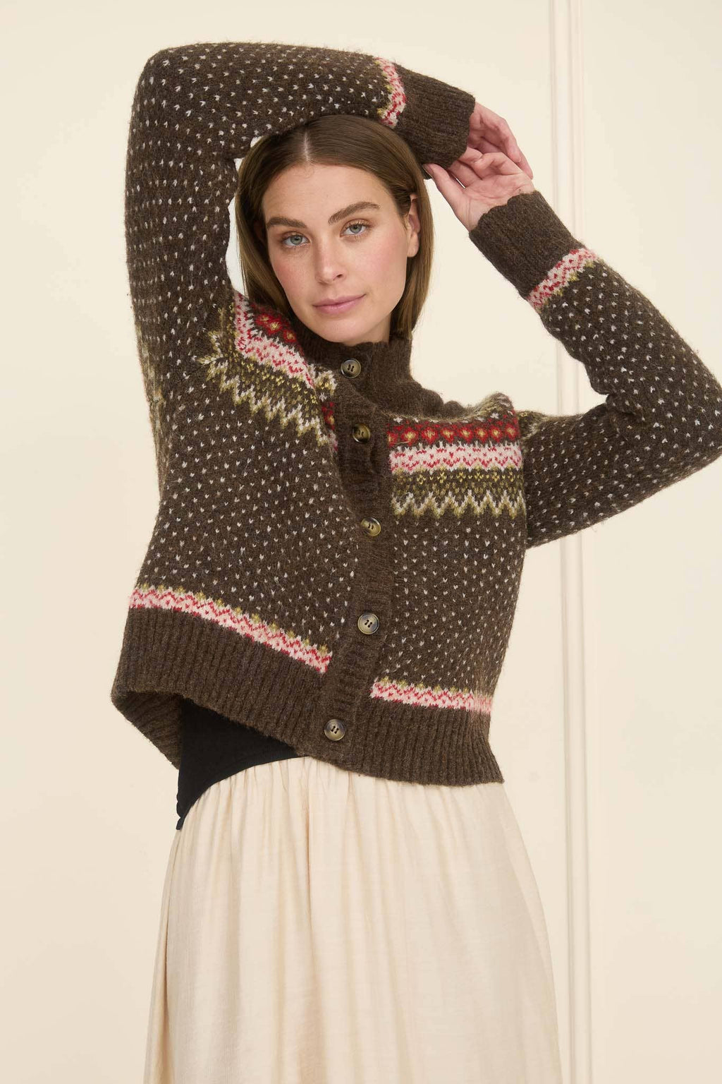 MOON RIVER Fair Isle Mock Neck Button Down Cardigan