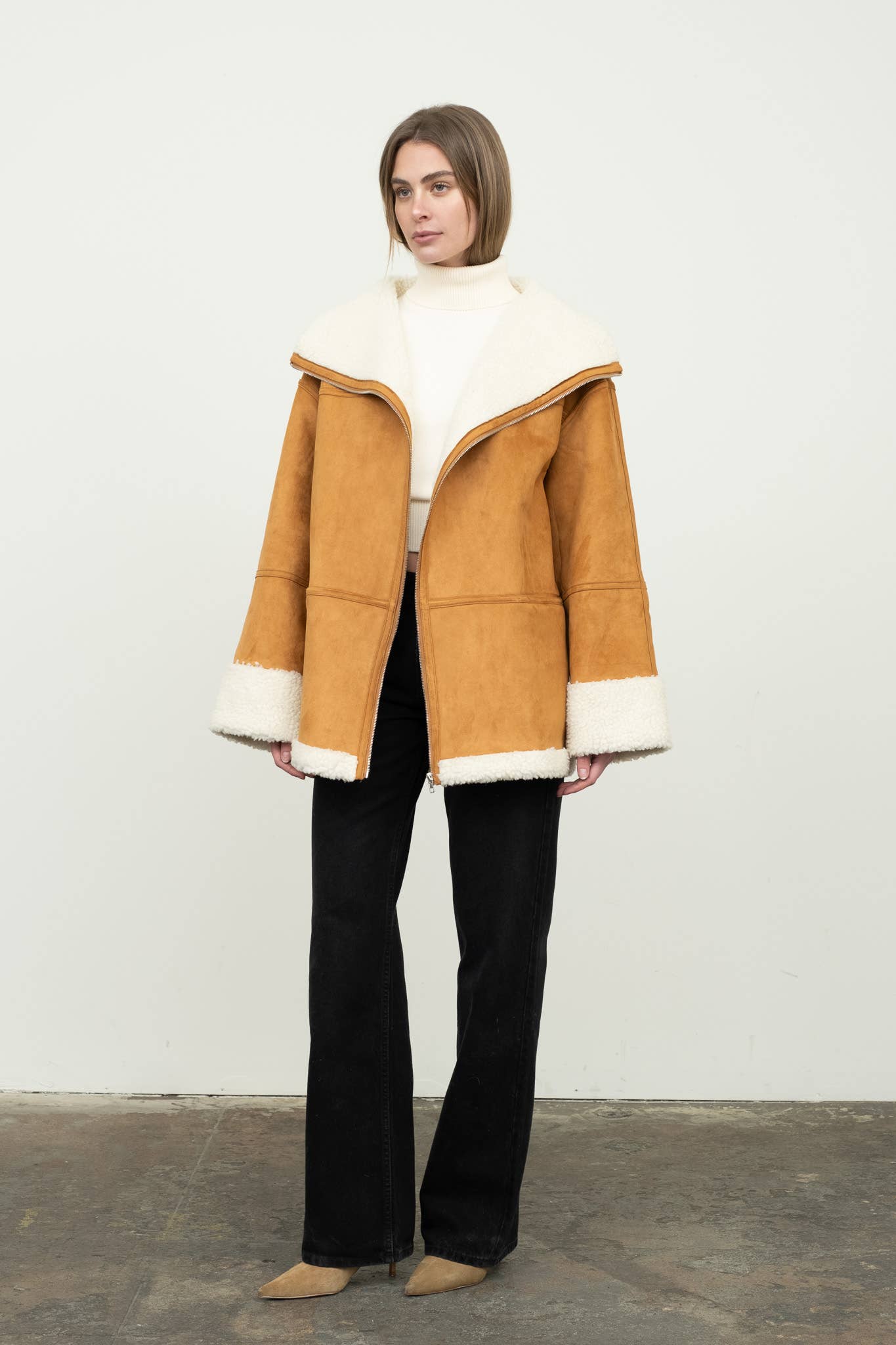 MOON RIVER Oversized Faux Fur Trim Zip Up Moto Jacket