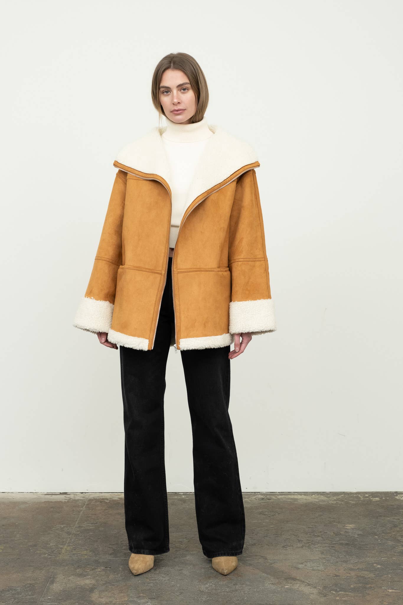 MOON RIVER Oversized Faux Fur Trim Zip Up Moto Jacket