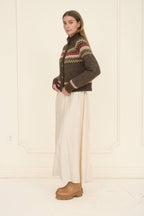 MOON RIVER Fair Isle Mock Neck Button Down Cardigan