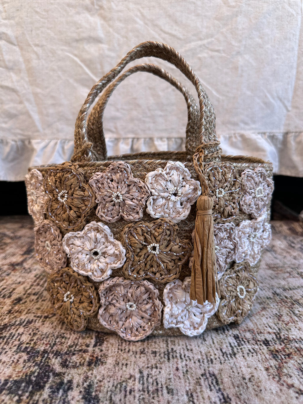 Small Floral Tote Bag with Tassel