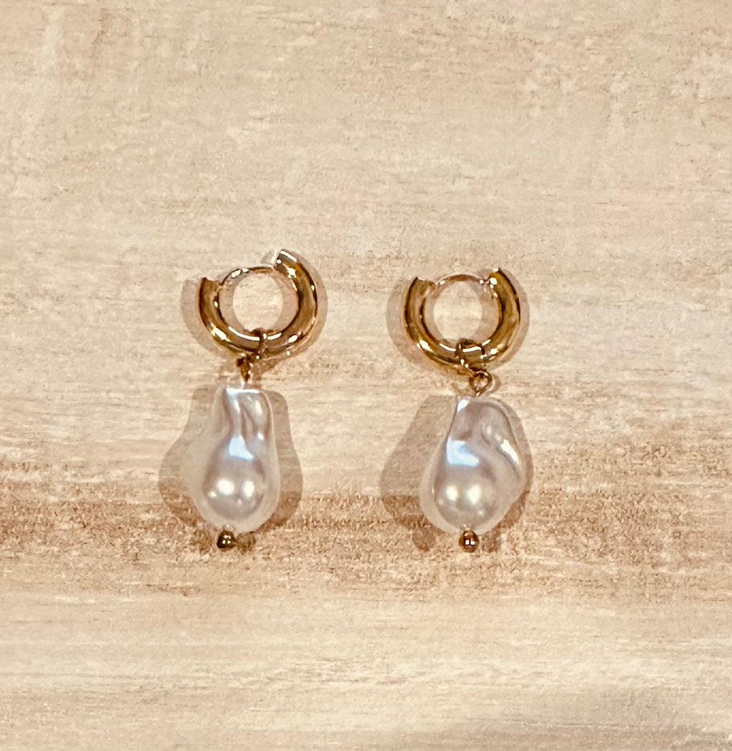 Gold Dangle Drop Faux Baroque Pearl Earrings