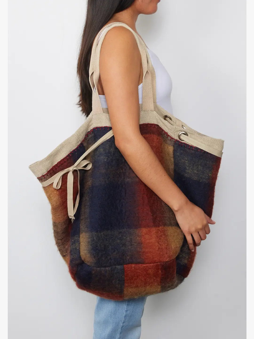 LOVESTITCH Large Reversible Canvas Tote Bag with Navy Plaid Interior