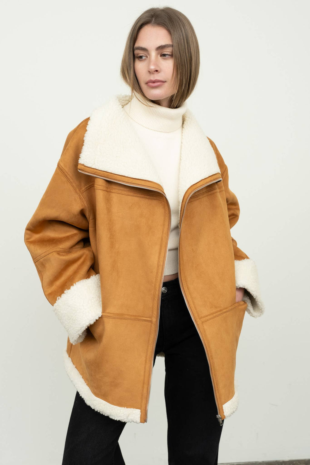 MOON RIVER Oversized Faux Fur Trim Zip Up Moto Jacket