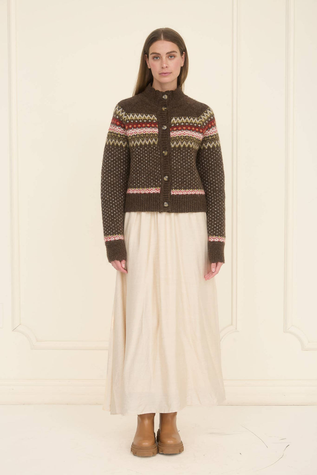 MOON RIVER Fair Isle Mock Neck Button Down Cardigan