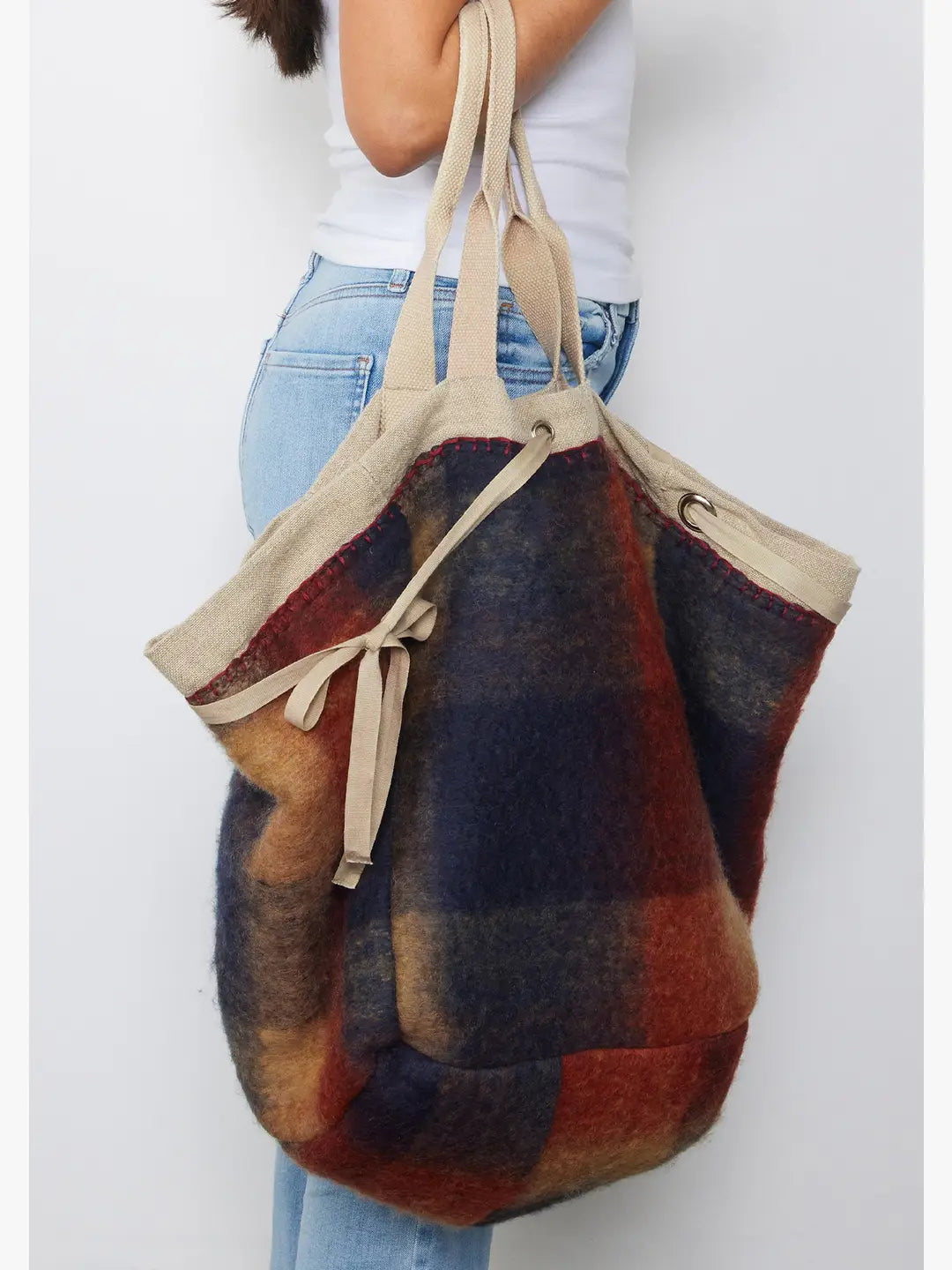 LOVESTITCH Large Reversible Canvas Tote Bag with Navy Plaid Interior